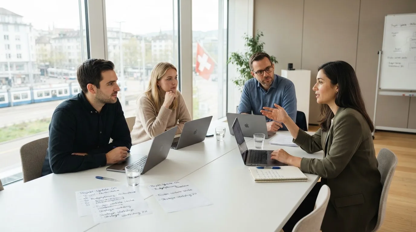 Gruppe von Kollegen sitzt an einem Besprechungstisch mit Laptop und Notizen, grosse Fenster im Hintergrund.